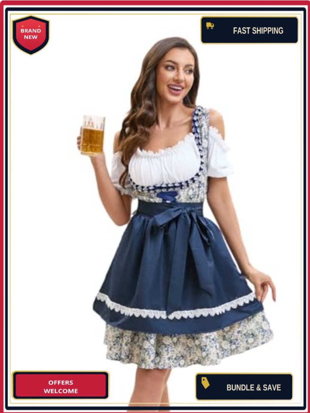 Dirndl Dress Women Oktoberfest Bavarian Costume Floral Polyester Stretch